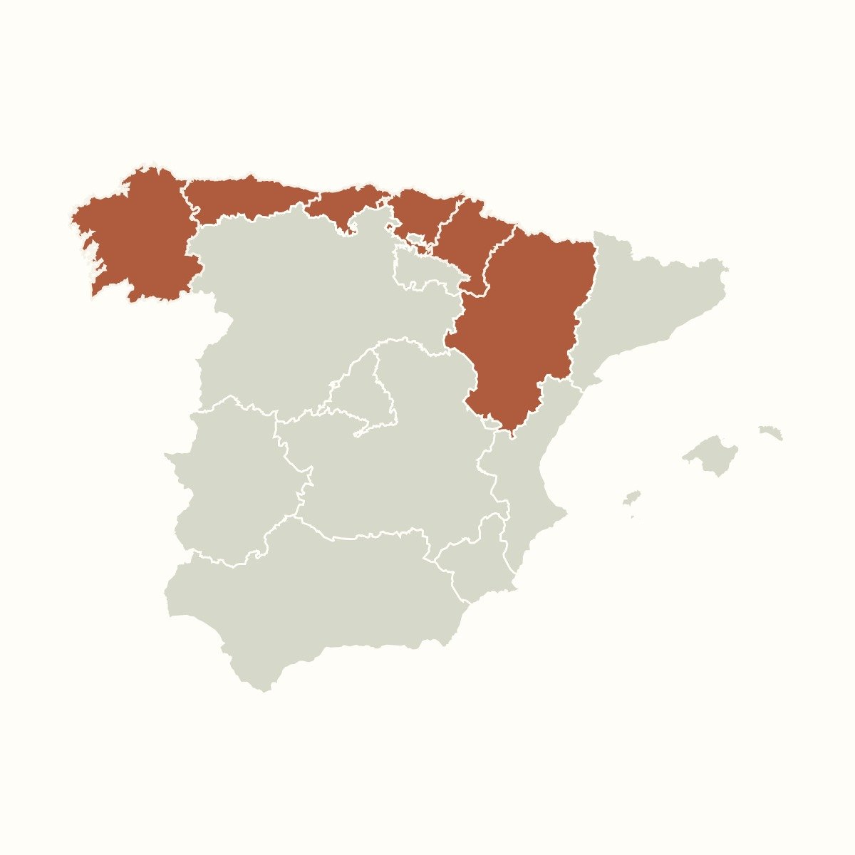 Cartina del nord della Spagna: Galizia, Asturie, Cantabria, Paesi Baschi, Navarra e Aragona.