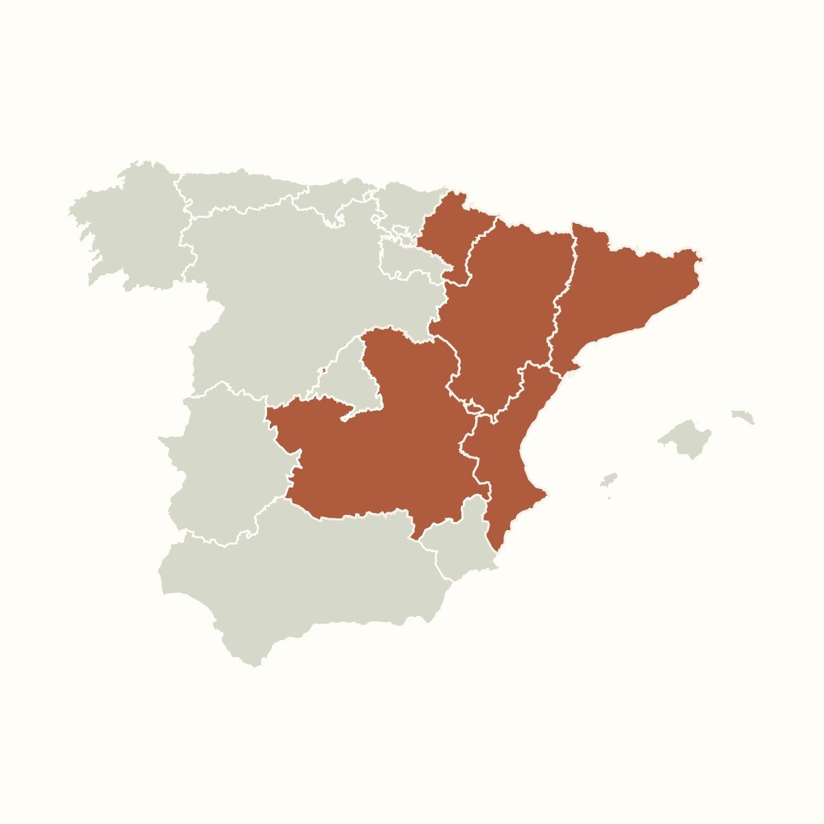 Cartina dell’est della Spagna: Navarra, Aragona, Catalogna, Comunità Valenciana e Castiglia-La Mancia.