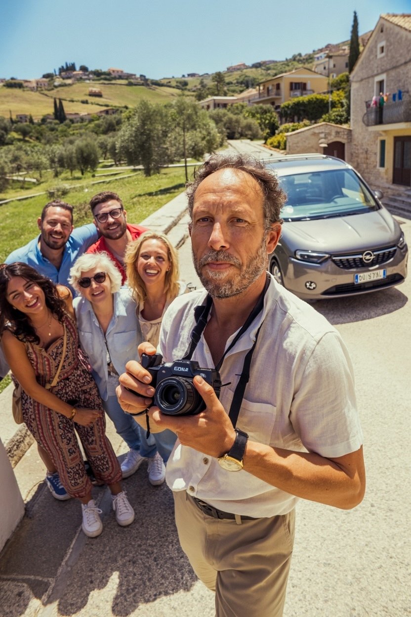 Un groupe de voyageurs lors d’une halte dans un village